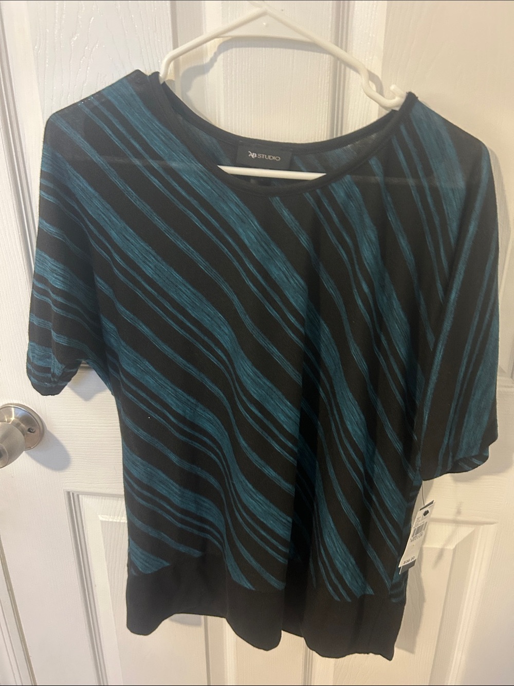 AB Studio Black Tee with Teal Wave Stripes